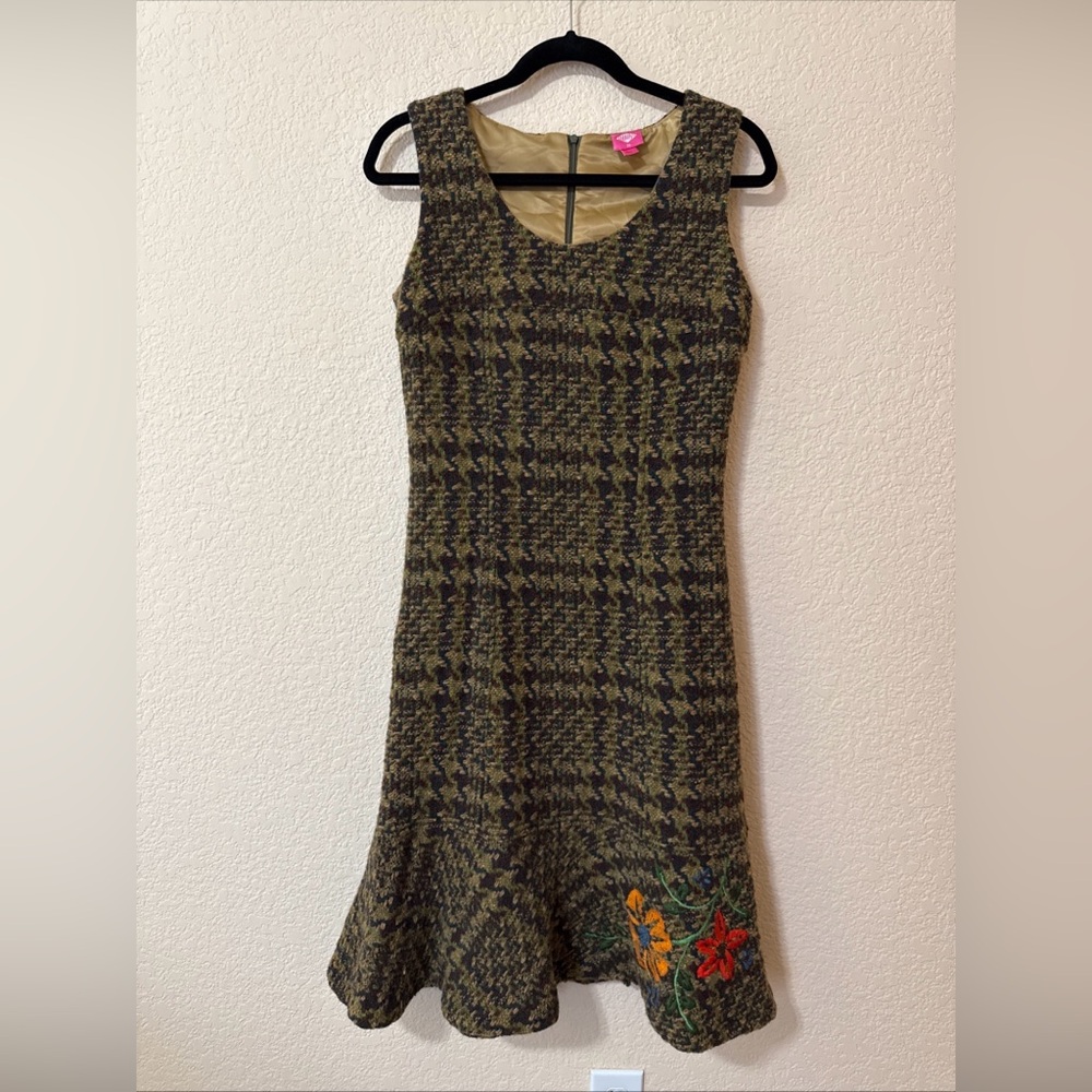 Oilily Wool Houndstooth Tweed Midi Dress Women’s 36 US S Brown Green Embroidered